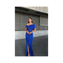 Euro Class Kadın Dik Yaka Taş Detaylı Maxi Abiye Elbise Saks