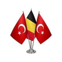 Masa Üstü Belçika Bayrağı Türk Bayrağı Üçlü Krom Direk Masa Bayra