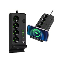 Coverzone Dikey Çoklu Priz, 4 Schuko Priz, 4 Usb-a + 2 Usb-c, Magsafe İle Uyumlu Şarj, 3.4a Usb Çıkışı, Açma Kapama Anahtarlı, 2 Metre Kablolu Masaüstü Power Socket Siyah G12