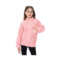 Toontoy Kız Çocuk Dik Yaka Fermuarlı Cepli Düşük Omuz Nakış Baskılı Peluş Hırka Pudra