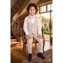 Baby Kids Colors Erkek Çocuk Smokin Takım Elbise 6 Düğmeli Yelekli Papyonlu Zincirli 4'lü Takım Bej