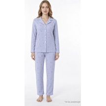 Cottonill Mavi Desenli Waffle Dokulu Gömlek Yaka Düğmeli Uzun Kollu Kadın Pijama Takımı