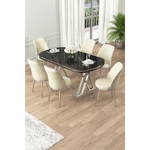 Canisa Lai Serisi 90x168 Lak Panel Sonata Krom Ayak Masa Takımı 6 Krem Sandalye Sonata Masa Ayaklar Krom Sandalye Krem