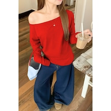 Kırmızı Kadın Düşük Omuz Kayık Yaka Oversize Uzun Kollu T-shirt Kırmızı
