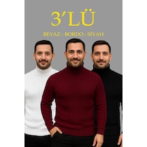 Erkek Fitilli Kazak Tam Boğazlı Balıkçı Yaka Triko 3'lü Set Beyaz-bordo-siyah Çok Renkli