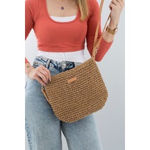 Portföy Clutch Fermuarlı Astırlı Cepli Ayarlanabilir Deri Askılı İthal Örgü Hasır Yazlık Tatil Çanta Camel