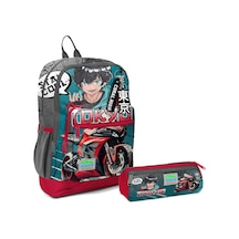Coral High İlkokul Sırt Çantası ve Kalemlik Seti - Gri Nefti Anime Motorsiklet - Erkek Çocuk