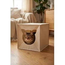 Bej Keçe Kedi Yuvası Dekoratif Mama Kabı Altlığı Hediyeli Organizer Düzenleyici Katlanabilir