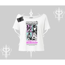 Tarzsokak Kayık Yaka Tshirt Fearless Soul Anime Kolaj Baskılı Beyaz