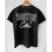 Unisex Siyah Oversize Boston Logo Baskılı Pamuklu T-shirt Siyah