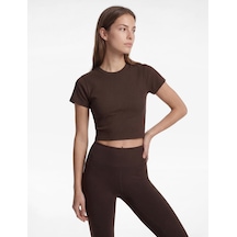 Koton Slim Fit Kısa Kollu Bisiklet Yaka Crop Spor Tişört Kahverengi 6sak10058nk Kahve