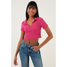 Lela Slim Fit Polo V Yaka Crop Bayan Bluz 5865035 Fuşya