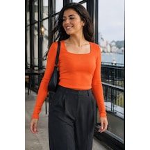 Armonika Kadın Oranj Kare Yaka Likralı Triko Bluz Arm-26k069002