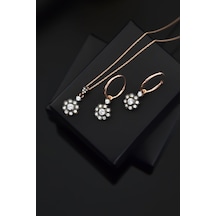 Papatya Silver 925 Ayar Gümüş Rose Kaplama Elmas Montür Çiçek Set