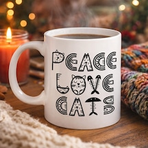 Peace Love Cats Sevimli Kedi Desenli Porselen Kupa Model 60 Kahve &amp Çay Kupası