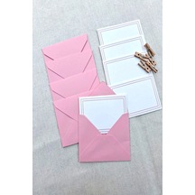15 Adet Pembe Zarf Ve Mandallı Pembe Çizgili Kart - Hediye Paketleme Kartı - Not Kartı 1.hamur
