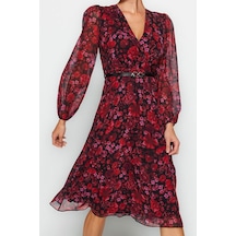 Ersefa Moda Stil Regular Kruvaze Midi Boy Kemerli A Kesim Yaka Desenli Ş Bordo