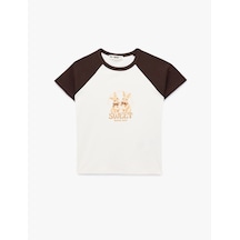 Koton Pamuklu Slim Fit Kısa Reglan Kollu Tavşan Baskılı Tişört Ekru 6sal10731ık