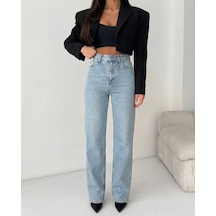 Herton Kadın Açık Mavi Yüksek Bel %100 Pamuk Jean Pantolon - Düz Kesim Straight Denim Buz Mavisi