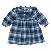 Kız Çocuk Brode Yakalı Ekoseli Fiyonk Detay Elbise 001