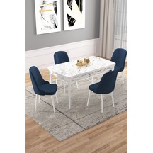 Vals Beyaz Mermer Desen 80x132 Açılır Mutfak Masa Takımı 4 Sandalye Renk Lacivert