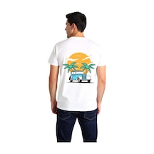 Paybuy Erkek Vintage Otomobil Palmiye Gün Batımı Baskılı Rahat Kesim Kıs Beyaz