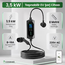 Coswatt Taşınabilir EV Şarj Cihazı CS-P1-16A / 3.5kW / 8m / Türkçe / 220V AC / Tip-2 / 2x16A Ev Tipi Fiş / Çanta