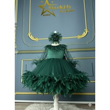 Star Kids Fashion Kız Çocuk Otriş Zümrüt Yeşili Elbise,kız Çocuk Parti Elbise,taç Dahil Yeşil