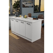 Ae-2040 Vera Mutfak Adası Bar Masası Yemek Masası Dolaplı, Beyaz/beyaz Mermer Raflı, Çok Amaçlı 160 Cm