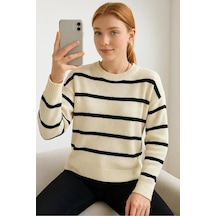 Fashion Friends Bisiklet Yaka Çizgili Bej Kadın Kazak 25k0093k1