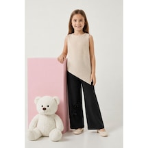 Fesshera Kids Kız Çocuk Asimetrik Kesim Bluz Ve Gül Detaylı Bol Paça Pantolon Takım Şık Kombin Kahverengi