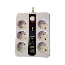 Termal Akım Korumalı 3000w 3.6 Amper 6 Lı Priz 2 Metre Uzatma Kablosu Çoklu Priz 4 Usb 2 Type C Pd Girişli Hızlı Şarj İstasyonu 1