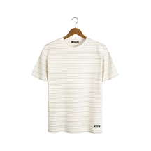 Krem Çizgili Regular Kalıp Bisiklet Yaka Pamuklu T-shirt Krem