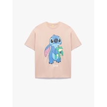 Koton Stitch Lisanslı Kısa Kollu Bisiklet Yaka Baskılı Oversize Tişört Pembe 6wal10381ık Gül