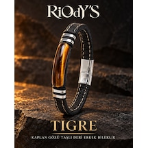 Riody's Tigre Erkek Bileklik Doğal Kaplan Gözü Taşlı Siyah Deri Çelik Detaylı Manyetik Kilit Kahverengi
