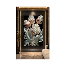 Lüks Çiçek Cam Tablo Kristal Detaylı Beyaz Ve Rose Gold Lale Çiçekleri Temalı Dekoratif Duvar Tablosu Modern Şık Salon Ve Ev Dekorasyonu Uv Baskı