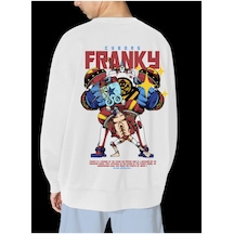Unisex Beyaz Franky Baskılı Hoodie Oversize Kapşonsuz Sweatshirt