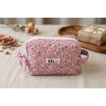 Pembe Çiçekli Küçük Kapitone Makyaj Çantası / Oragnizer - %100 Pamuk Kumaş Pembe - Mini Çiçekli