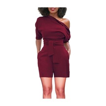 Kadın Moda Çapraz Omuz Yüksek Bel Mikro-elastik Tulum Şarap Kırmızısı