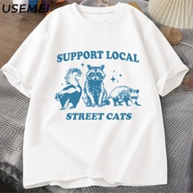 Flood Of Style Destek Yerel Sokak Kediler Retro T Shirt Komik Rakun T-shirt Streetwear Hayvan Kedi Sevgilisi Beyaz