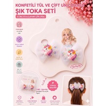 2'li Set Unicorn Figürlü Işıltılı Tül Fiyonk Kız Çocuk Saç Tokası - 3 Farklı Seçenek Beyaz