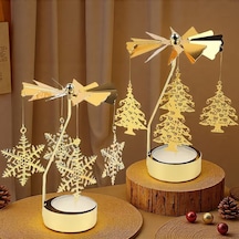 2'li Set Dönen Işıklı Kar Tanesi Ve Ağaç Metal Tealight Mumluk Gold