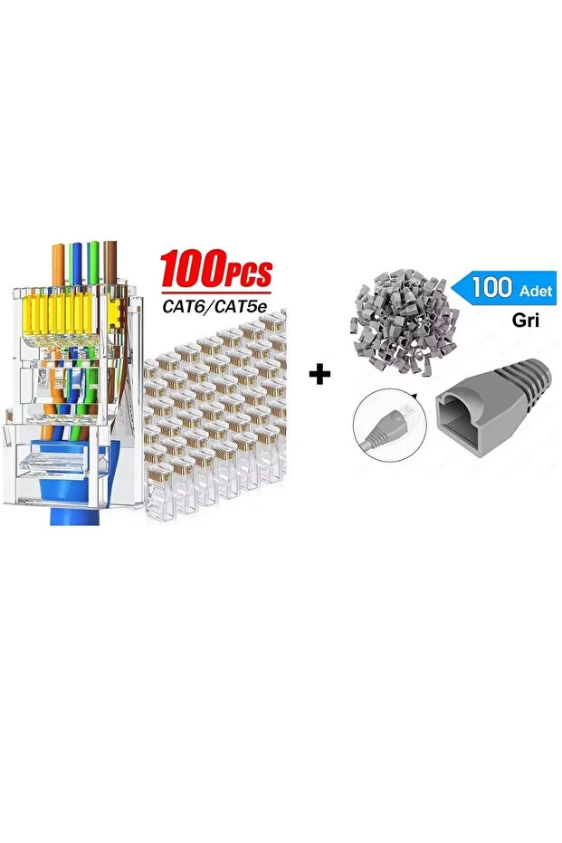 100 Adet Cat6 Yeni Nesil Delikli Rj45 Jak + Rj45 Cat5/6 Cover Koruma Kılıfı Boot Papuç 2 İn 1 Set Network Sett