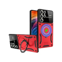Newface Samsung Galaxy S24 Ultra Kılıf Joy Lens Standlı Kapak - Kırmızı