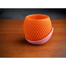 3d Baskı Küre Saksı - Kafes Dokulu İki Parçalı Dekoratif Saksı - Turuncu-pembe