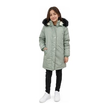 İrem Çocuk Giyim Kız Çocuk Mint Yeşili Kapüşonu Kürklü İçi Peluş Astarlı Fermuar Çıtçıt Kapamalı Midi Boy Şişme Mont Mint Yeşili