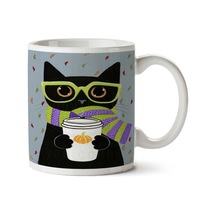Hipster Kedi Atkı Gözlük Yaprak İki Tarafı Baskılı Kupa Bardak Çok Renkli