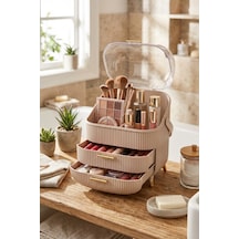 Makri Home Cappuccino Renk Kapaklı Makyaj Organizeri 3 Katlı, Şeffaf Kubbeli, Çekmeceli Düzenleyici Cappuccino
