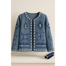Femelle Etnik Desenli Pul Payet Nakışlı Denim Kot Ceket Vintage Bohem Tarz - 2789ss mavi