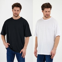 Unisex Siyah Beyaz Oversize Bol Kesim Basic 2 Li Paket Tshirt Beyaz